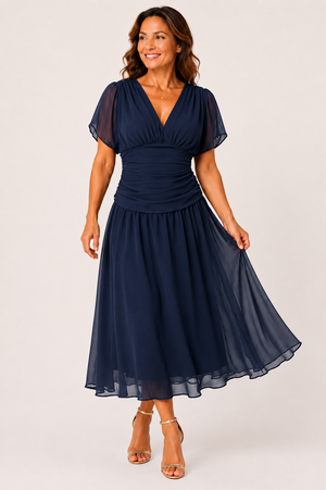 Natalie Chiffon Flutter-Sleeve Midi Dress