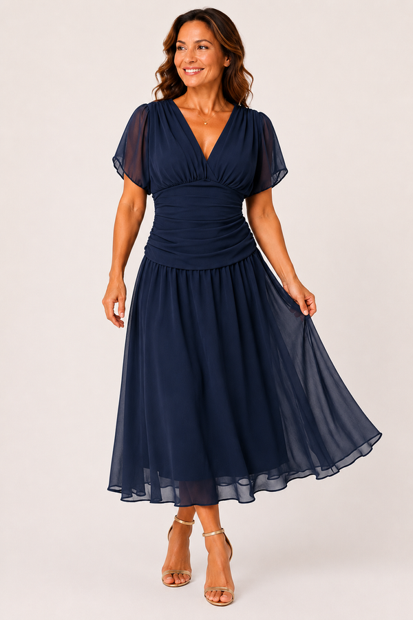 Natalie Chiffon Flutter-Sleeve Midi Dress