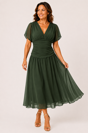 Natalie Chiffon Flutter-Sleeve Midi Dress