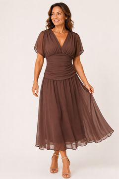 Natalie Chiffon Flutter-Sleeve Midi Dress