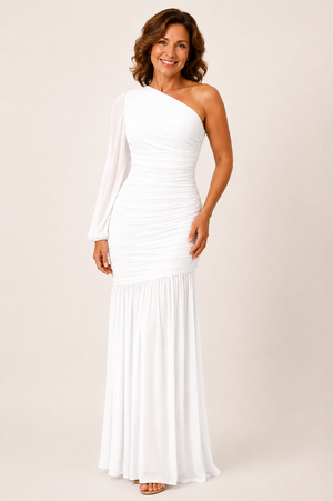 Chloe Ruched Mesh One-Shoulder Maxi Dress