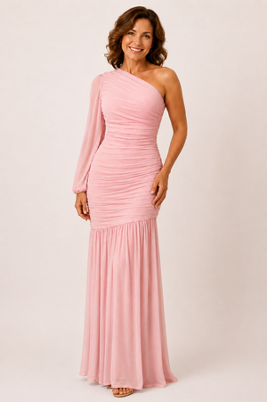 Chloe Ruched Mesh One-Shoulder Maxi Dress