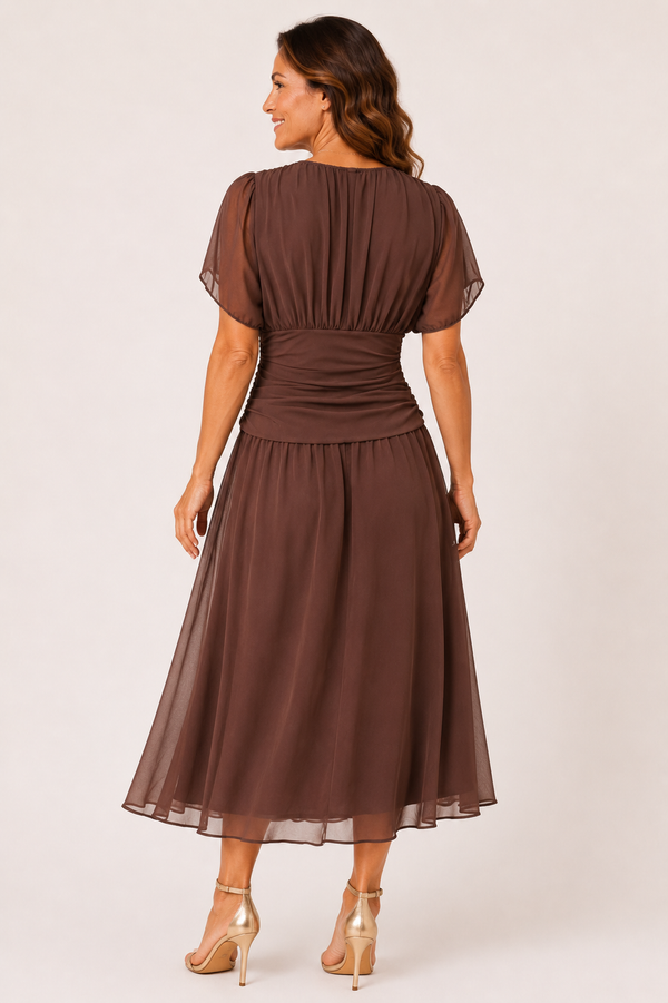 Natalie Chiffon Flutter-Sleeve Midi Dress
