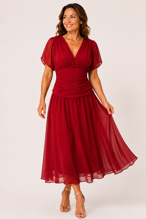 Natalie Chiffon Flutter-Sleeve Midi Dress
