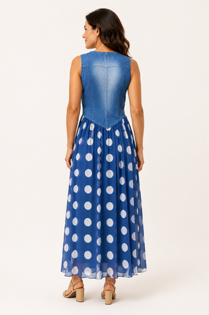 Rose Denim Polka Dot Dress