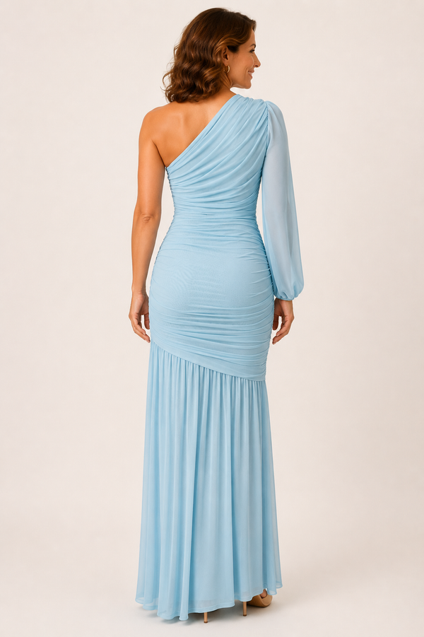 Chloe Ruched Mesh One-Shoulder Maxi Dress