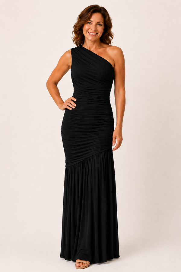 Claire Ruched Mesh One-Shoulder Maxi Dress