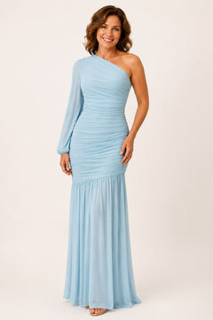 Chloe Ruched Mesh One-Shoulder Maxi Dress