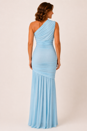 Claire Ruched Mesh One-Shoulder Maxi Dress