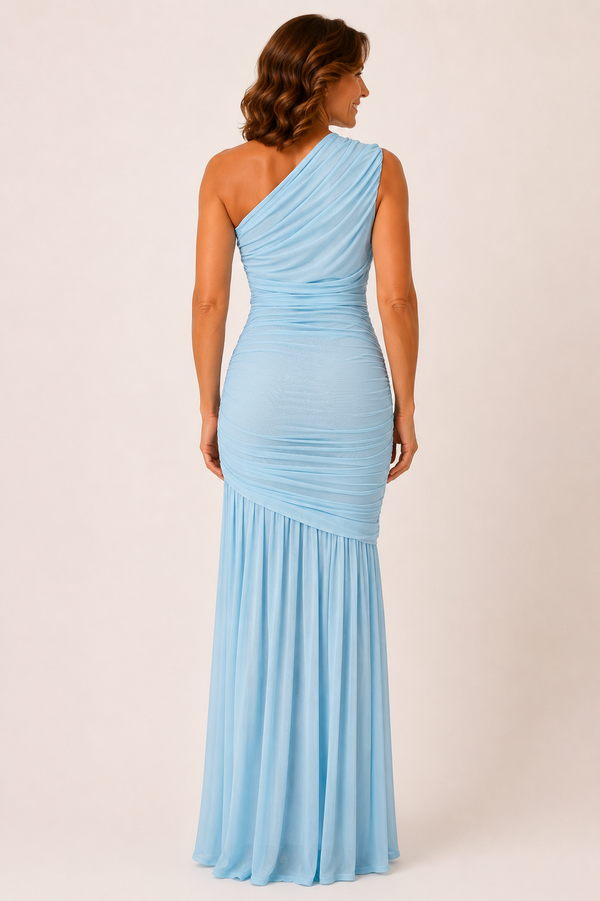 Claire Ruched Mesh One-Shoulder Maxi Dress